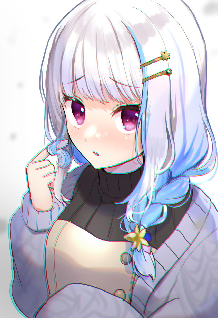 1girl absurdres bangs black_sweater blue_hair blush braid cardigan chromatic_aberration commentary_request eyebrows_visible_through_hair grey_cardigan hair_ornament hairclip highres lize_helesta long_hair long_sleeves looking_at_viewer multicolored_hair nijisanji open_cardigan open_clothes parted_lips playing_with_own_hair shinomiya_shino_(sinosino141) silver_hair solo sweater turtleneck turtleneck_sweater two-tone_hair upper_body violet_eyes virtual_youtuber white_background