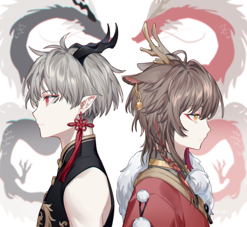 2boys anchun_(quail0503) animal_ears antlers back-to-back bangs bare_shoulders bell bell_earrings black_hair braid brown_hair chinese_clothes chinese_commentary dragon dragon_boy dragon_horns earrings eastern_dragon eyeliner facial_mark from_side frown fur grey_hair highres horns jewelry looking_afar looking_away looking_down makeup multicolored_hair multiple_boys original pointy_ears pom_pom_(clothes) profile red_eyes redhead short_hair short_hair_with_long_locks side_braid single_braid sleeveless streaked_hair tassel tassel_earrings toggles upper_body white_background yellow_eyes
