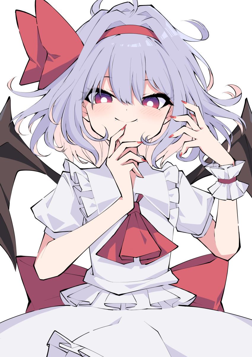 1girl ahoge alternate_eye_color arm_up ascot back_bow bangs bat_wings blush bow bright_pupils commentary_request dress eyelashes fangs fangs_out fingernails frilled_shirt_collar frills hair_between_eyes hairband highres looking_at_viewer nail_polish no_hat no_headwear purple_hair red_ascot red_bow red_hairband red_nails red_neckwear red_sash remilia_scarlet sash sharp_fingernails short_hair simple_background smile smug solo standing touhou tsukimirin violet_eyes white_background white_dress white_pupils wings wrist_cuffs