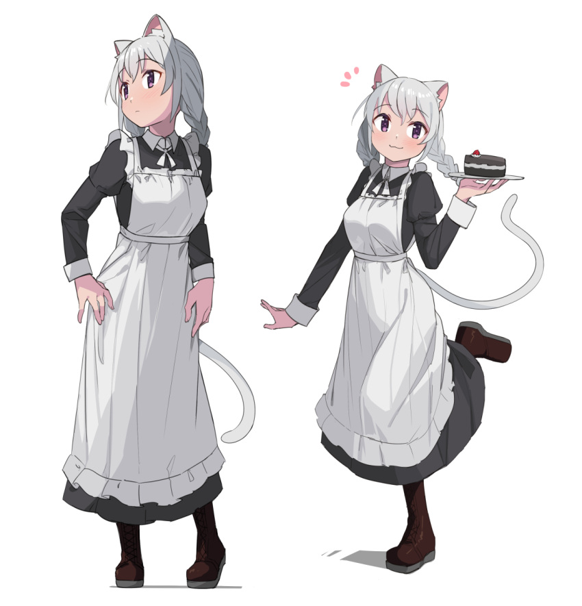 1girl :3 animal_ears bangs boots braid cake cat_ears cat_girl cat_tail eyebrows_visible_through_hair food full_body grey_hair highres holding juliet_sleeves long_hair long_sleeves looking_at_viewer looking_away maid multiple_views original plate puffy_sleeves saiste simple_background smile standing standing_on_one_leg tail twin_braids violet_eyes white_background