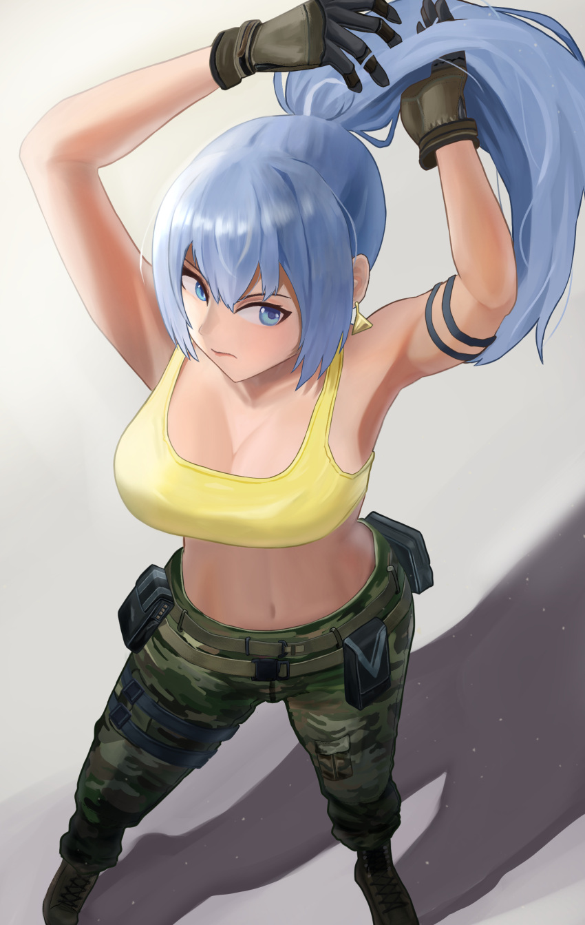 1girl absurdres adjusting_hair arms_up bare_shoulders blue_eyes blue_hair boots breasts camouflage camouflage_pants earrings from_above gloves highres jewelry leona_heidern looking_at_viewer midriff navel pants ponytail saegusa_izu solo tank_top the_king_of_fighters the_king_of_fighters_xv triangle_earrings