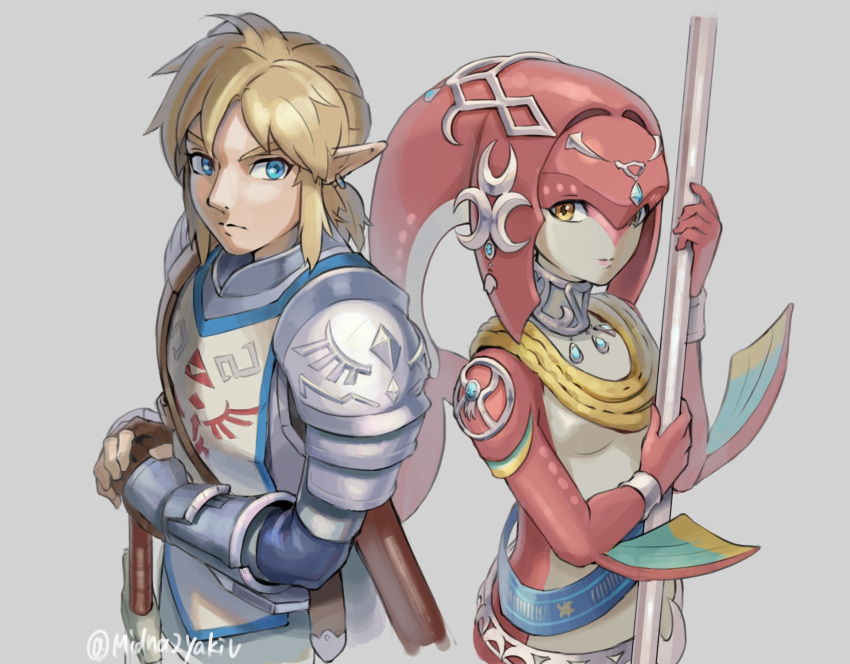 1boy 1girl armor bangs belt blonde_hair blue_belt blue_eyes breasts brown_eyes closed_mouth colored_skin earrings fins fish_girl gloves grey_background gxp hair_ornament highres holding holding_polearm holding_weapon jewelry link long_hair looking_at_viewer mipha monster_girl multicolored_skin no_eyebrows pointy_ears polearm red_skin redhead shiny shiny_skin small_breasts smile soldier's_set_(zelda) sword the_legend_of_zelda the_legend_of_zelda:_breath_of_the_wild twitter_username weapon yellow_eyes zora