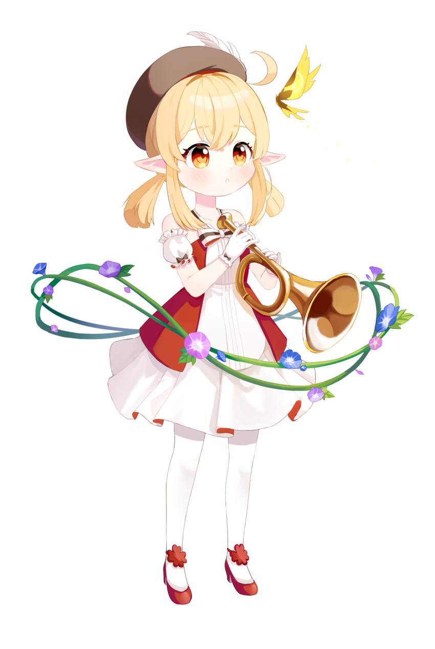 1girl bangs blonde_hair bug butterfly clover_print commentary_request eyebrows_visible_through_hair full_body genshin_impact gloves hair_between_eyes hat highres holding holding_instrument instrument klee_(genshin_impact) long_hair looking_at_viewer low_twintails mary_janes miyako_draw official_alternate_costume pantyhose parted_lips red_footwear shoes short_sleeves sidelocks simple_background solo standing trumpet twintails white_gloves white_legwear yellow_eyes