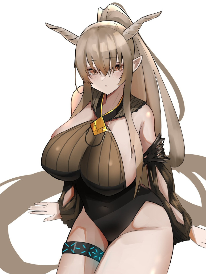 1girl :o arknights bangs bare_shoulders black_swimsuit blush breasts brown_hair casual_one-piece_swimsuit covered_navel detached_sleeves eyebrows_visible_through_hair from_above glint groin hair_between_eyes highres horns huge_breasts long_hair long_sleeves looking_at_viewer looking_up official_alternate_costume one-piece_swimsuit orange_eyes parted_lips pointy_ears ponytail shining_(arknights) shining_(silent_night)_(arknights) sideboob sidelocks sitting solo swimsuit thighlet unknownnoname0 very_long_hair