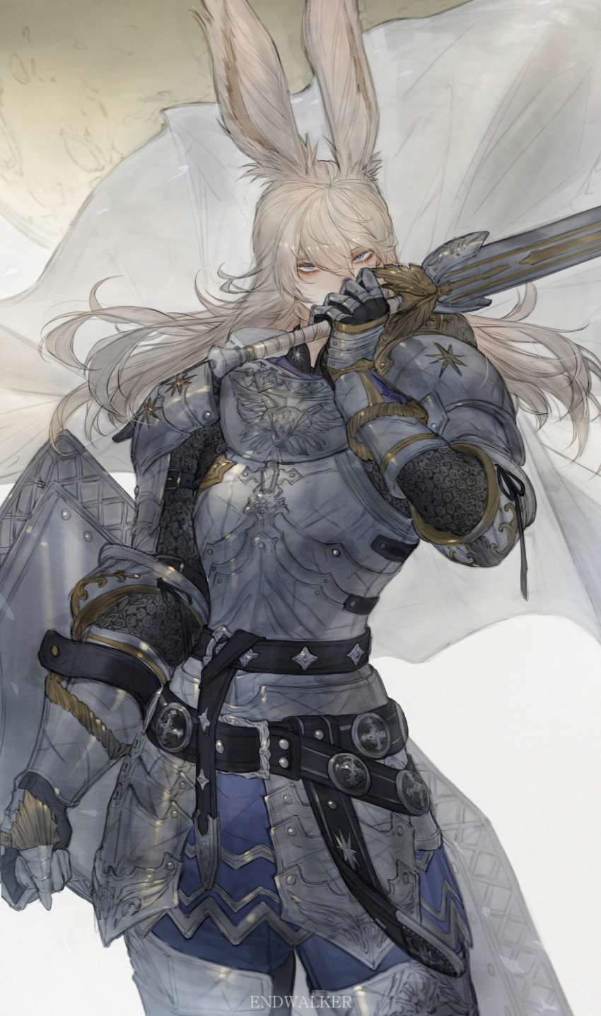 1boy absurdres animal_ears armor avatar_(ffxiv) bangs belt blonde_hair blue_eyes breastplate cape commentary covered_mouth cowboy_shot faulds final_fantasy final_fantasy_xiv gauntlets hand_up highres holding holding_shield holding_sword holding_weapon leg_armor long_hair looking_at_viewer male_focus moon paladin_(final_fantasy) pauldrons rabbit_ears shield shoulder_armor solo standing sword tladpwl03 viera weapon white_background white_cape