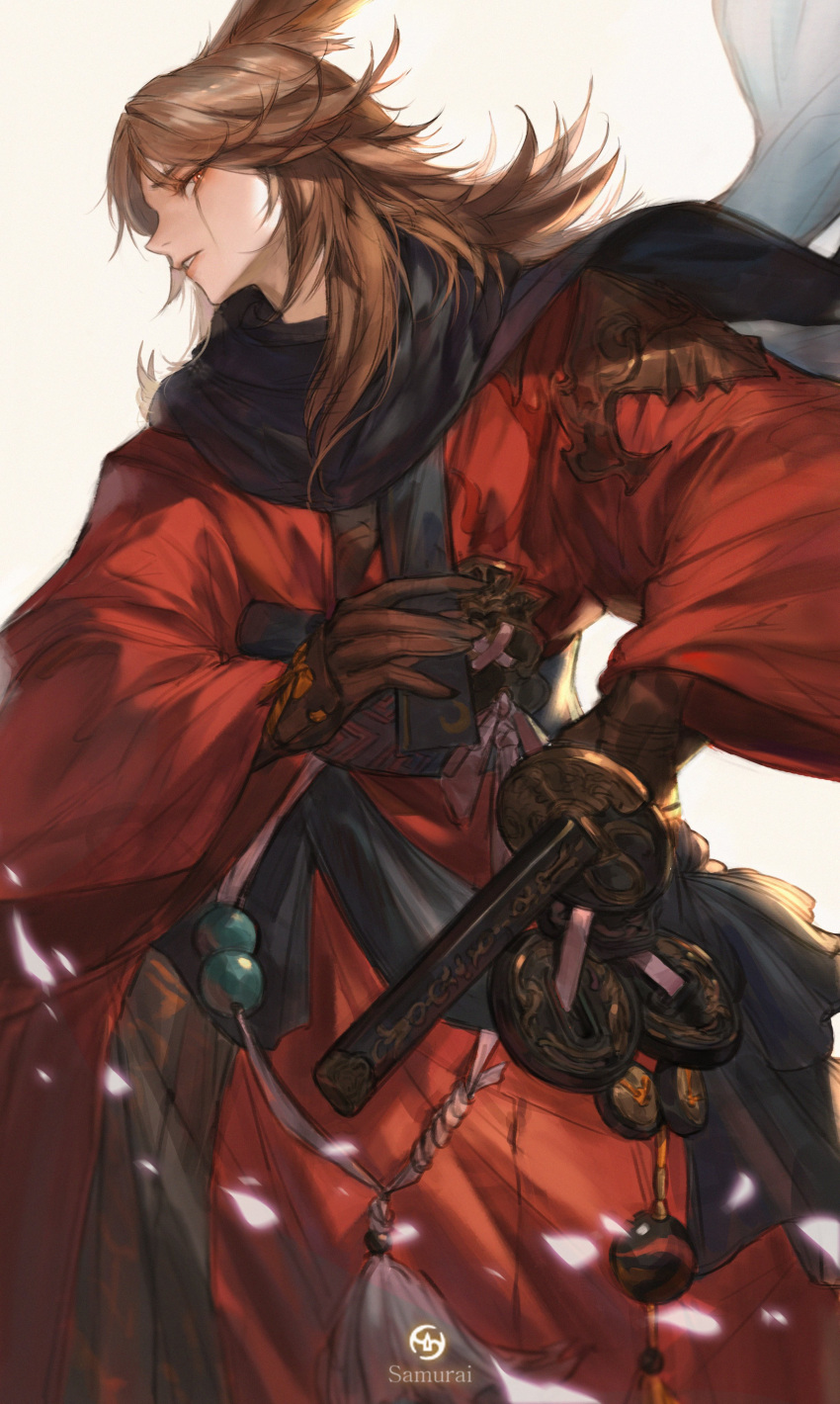 1boy absurdres animal_ears avatar_(ffxiv) beads black_scarf brown_gloves brown_hair commentary_request cowboy_shot final_fantasy final_fantasy_xiv from_side gloves highres japanese_clothes katana kimono korean_commentary long_hair male_focus obi parted_lips profile rabbit_ears red_eyes red_kimono samurai_(final_fantasy) sash scabbard scar scar_across_eye scarf sheath solo standing sword tassel tladpwl03 unsheathing viera weapon yellow_background