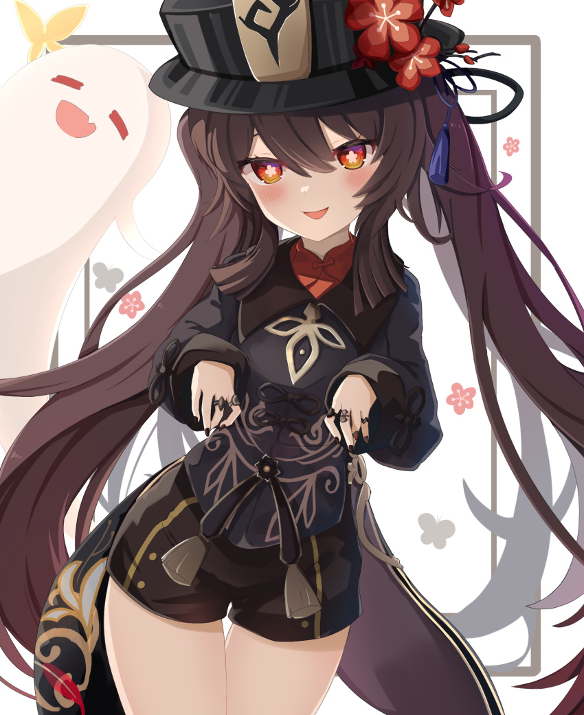 1girl absurdres blush brown_hair chinese_clothes closed_eyes cowboy_shot flower genshin_impact ghost hat hat_flower highres hu_tao_(genshin_impact) jewelry long_sleeves nail_polish nekopurin_(nyanko_prin) open_mouth red_eyes ring short_shorts shorts smile solo symbol-shaped_pupils tailcoat thigh_gap thighs top_hat twintails