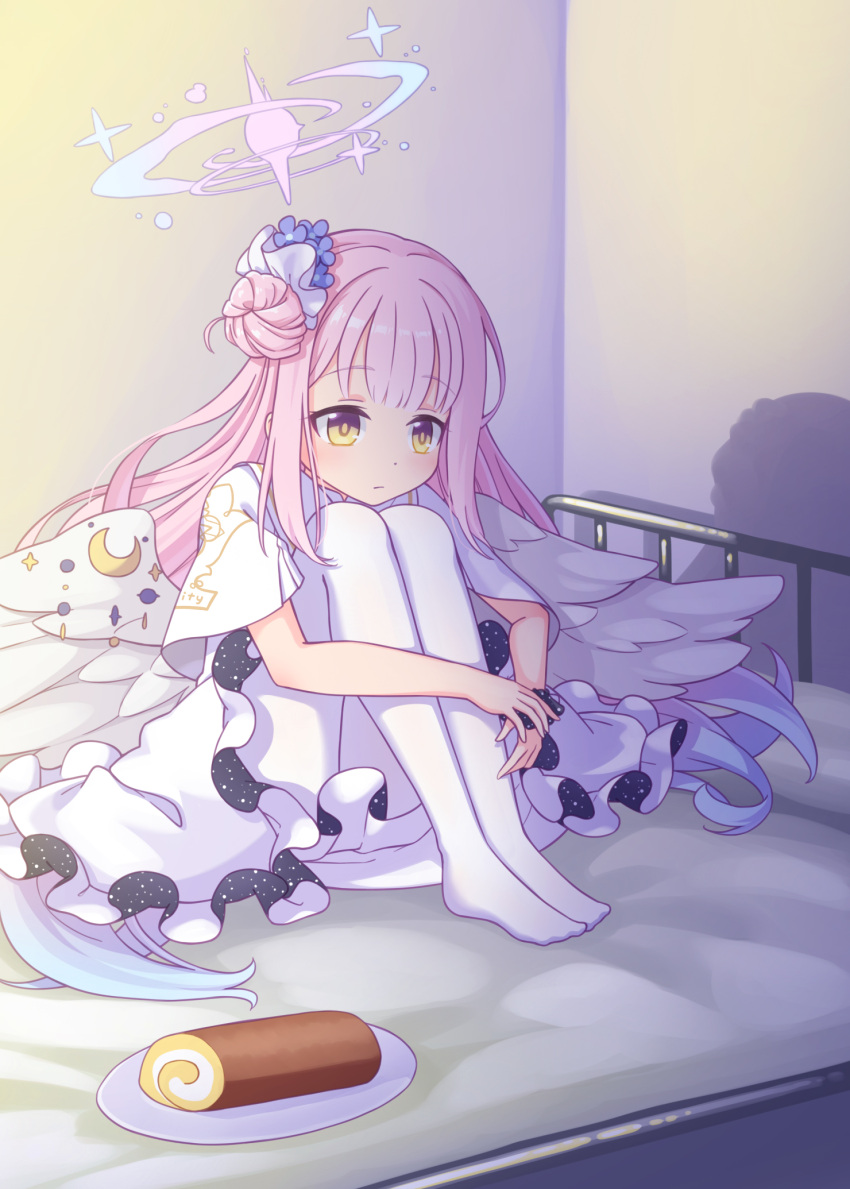 1girl bangs blue_archive blue_flower blue_hair cake closed_mouth commentary_request eyebrows_visible_through_hair feathered_wings flower food full_body hair_bun hair_flower hair_ornament halo harada_(sansei_rain) highres hugging_own_legs indoors knees_up long_hair looking_away low_wings mika_(blue_archive) multicolored_hair on_bed pantyhose pink_hair plate side_bun sitting solo swiss_roll two-tone_hair very_long_hair white_legwear white_wings wings yellow_eyes