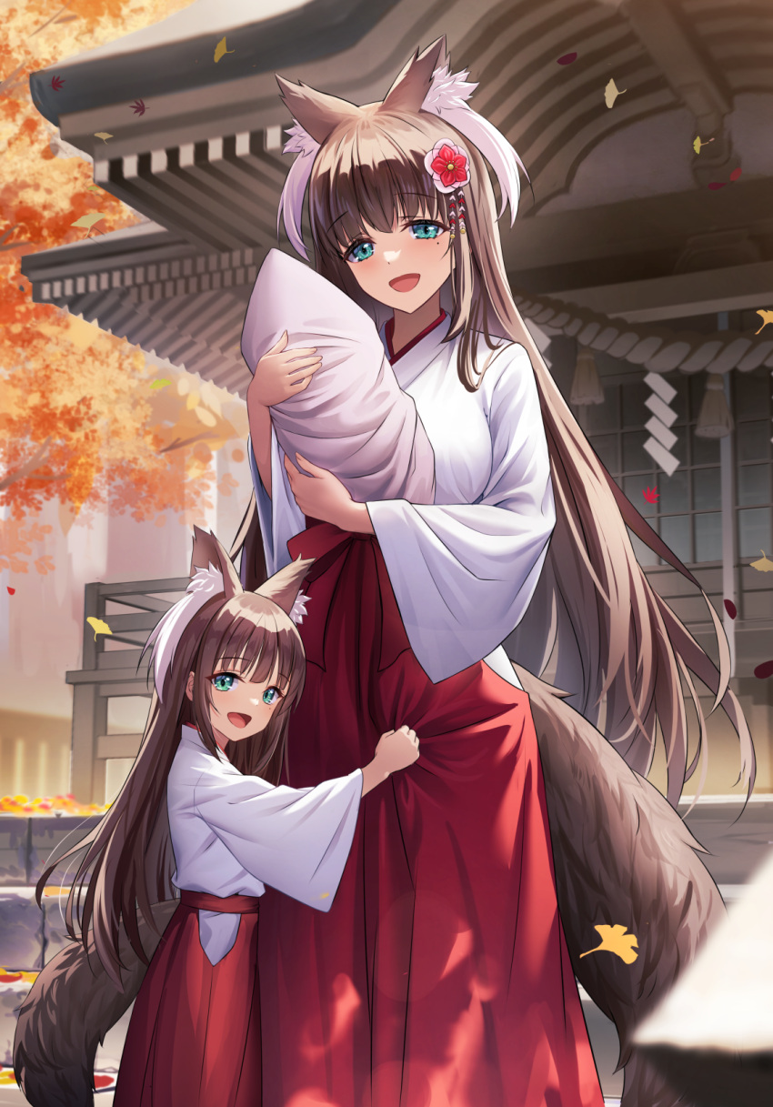 2girls :d animal_ear_fluff animal_ears autumn_leaves bangs blue_eyes blush breasts brown_hair building commentary commission eyebrows_visible_through_hair flower fox_ears fox_girl fox_tail ginkgo_leaf hair_flower hair_ornament hakama highres japanese_clothes kimono long_hair long_sleeves medium_breasts miko mole mole_under_eye mother_and_child mother_and_daughter multicolored_hair multiple_girls original pixiv_request red_flower red_hakama rope shide shimenawa sion_(9117) smile streaked_hair tail very_long_hair white_hair white_kimono wide_sleeves