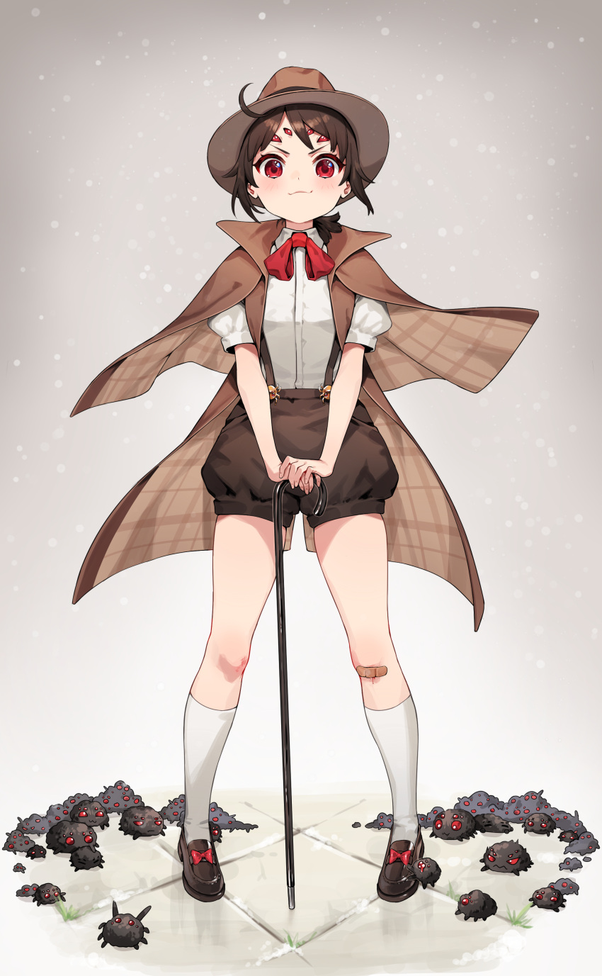 1girl absurdres blush brown_hair bug cane extra_eyes full_body hat highres jacket open_clothes open_jacket original puffy_short_sleeves puffy_sleeves red_eyes reiji-rj shirt short_hair short_sleeves shorts solo spider standing suspender_shorts suspenders white_shirt