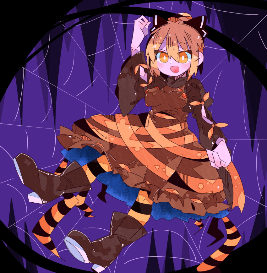 1girl :d arthropod_legs bangs blonde_hair boots bow bright_pupils brown_dress brown_footwear dress eyebrows_visible_through_hair full_body hair_bow highres kurodani_yamame long_sleeves looking_at_viewer massakasama_(style) one-hour_drawing_challenge open_mouth purple_background r.h_no.1_fuyumomo short_hair silk smile solo spider_web touhou white_pupils yellow_eyes