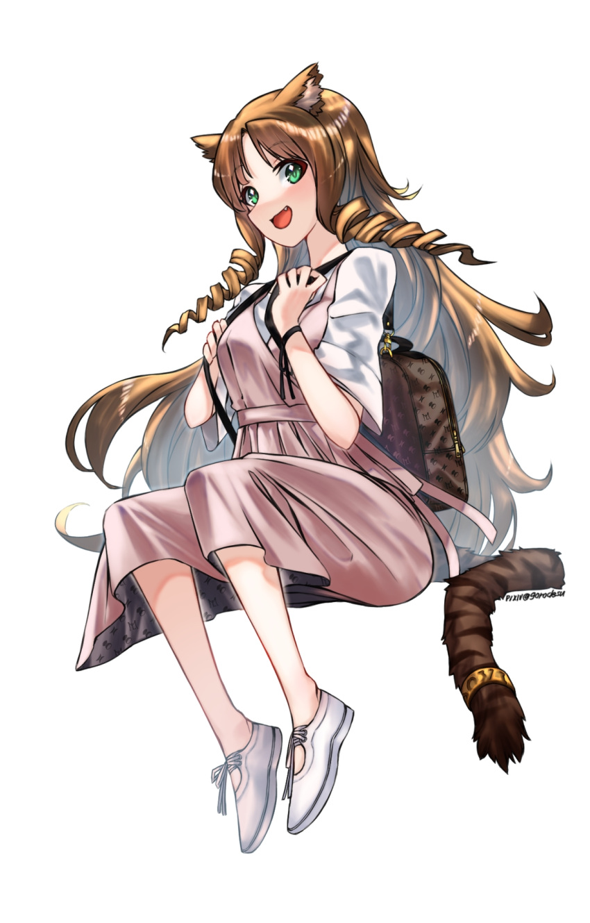 1girl alternate_costume animal_ears arknights backpack bag bangs black_ribbon breasts brown_hair casual commentary dress drill_hair english_commentary eyebrows_visible_through_hair fang full_body goro_desu green_eyes highres invisible_chair long_hair looking_at_viewer medium_breasts open_mouth parted_bangs pink_dress ribbon shirt shoes short_sleeves side_drill simple_background sitting smile solo swire_(arknights) tail textless tiger_ears tiger_girl tiger_tail twin_drills two-sided_fabric white_background white_footwear white_shirt wrist_ribbon