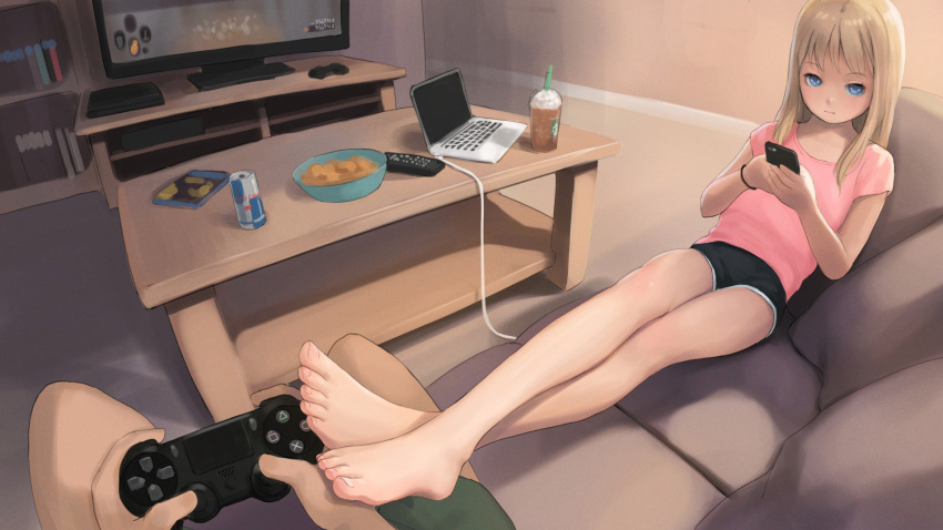 1boy 1girl :| bangs barefoot black_shorts blonde_hair blue_eyes bookshelf bowl bracelet cable cellphone child closed_mouth commentary controller couch crossed_ankles cup dark_souls_(series) disposable_cup dolphin_shorts drinking_straw dualshock english_commentary feet foot_focus game_console game_controller gamepad green_shorts highres holding holding_phone indoors jewelry kuroshiro00 long_hair looking_at_viewer macbook notebook original phone pink_shirt playstation_4 playstation_controller pov product_placement red_bull remote_control shirt shorts sidelocks smartphone starbucks t-shirt table television toes