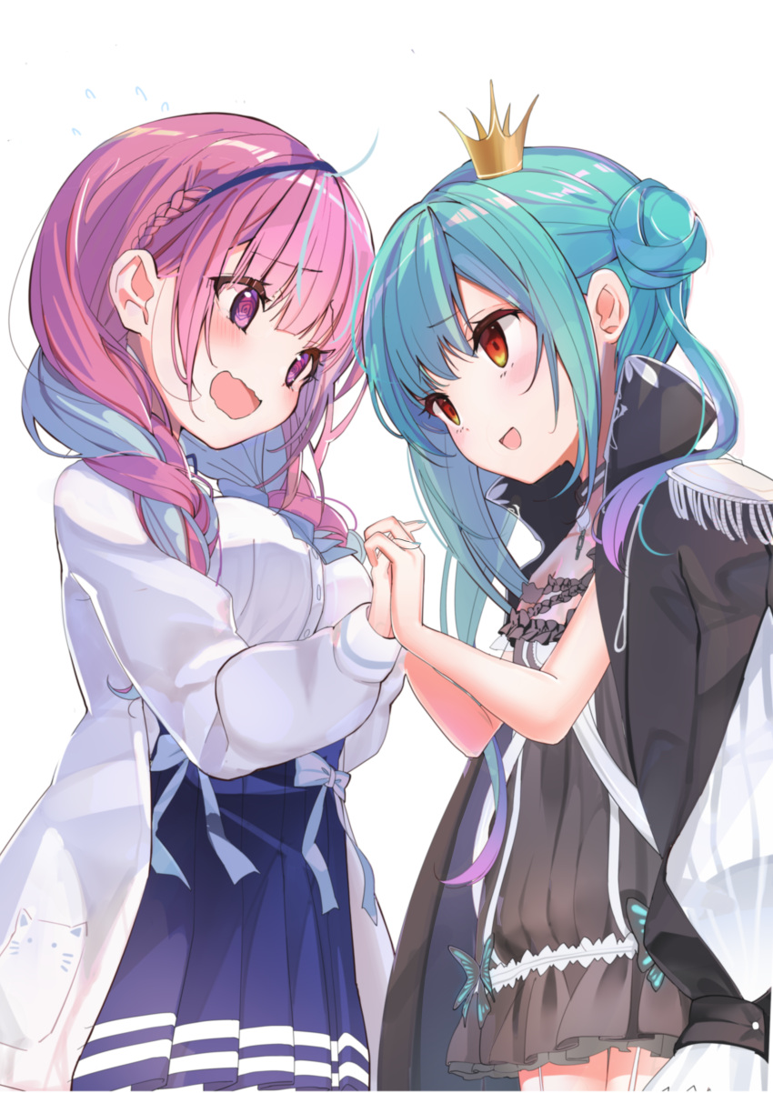 2girls @_@ absurdres aqua_hair blue_headwear blush coat coat_on_shoulders crown embarrassed eyebrows_visible_through_hair highres holding_hands hololive interlocked_fingers minato_aqua mini_crown multicolored_hair multiple_girls purple_hair twintails two-tone_hair uruha_rushia virtual_youtuber wavy_mouth yoshioka_pochi