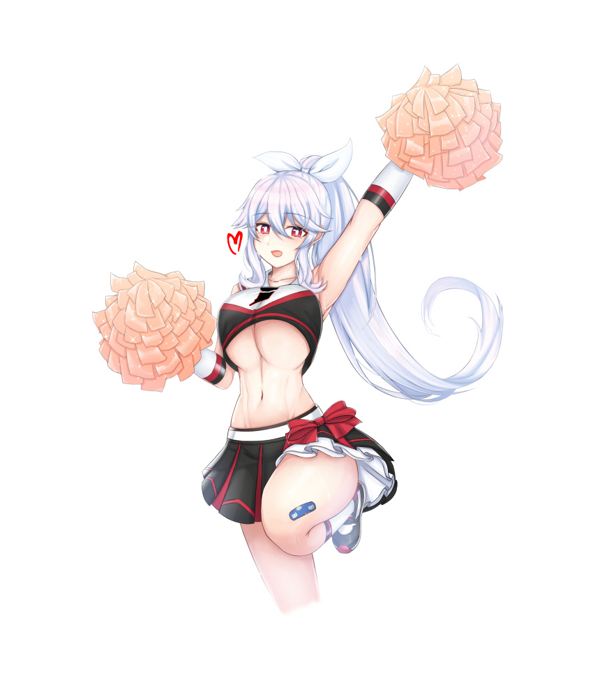 1girl :d absurdres arm_up armpits bandaid bare_shoulders black_shirt black_skirt breasts bright_pupils cheerleader closers crop_top crop_top_overhang cropped_legs floating_hair frilled_skirt frills hair_ribbon highres holding holding_pom_poms laei large_breasts leg_up long_hair looking_at_viewer midriff miniskirt mirae_(closers) navel pleated_skirt pom_pom_(cheerleading) ponytail red_eyes revealing_clothes ribbon shirt shoes skirt sleeveless sleeveless_shirt smile sneakers socks solo stomach sweat transparent_background under_boob very_long_hair white_hair white_legwear