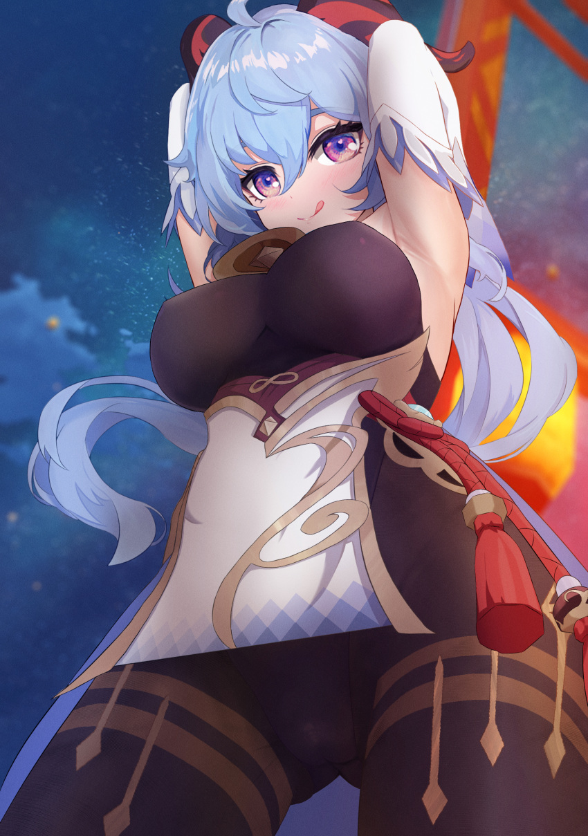 :p absurdres ahoge armpits arms_up bangs bell black_legwear blue_hair bodystocking bodysuit breasts chinese_knot detached_sleeves flower_knot from_below ganyu_(genshin_impact) genshin_impact gold_trim highres horns large_breasts long_hair looking_at_viewer mengfeng2575_(moekaze) multicolored_eyes outdoors solo standing tassel thighlet tongue tongue_out vision_(genshin_impact) white_sleeves