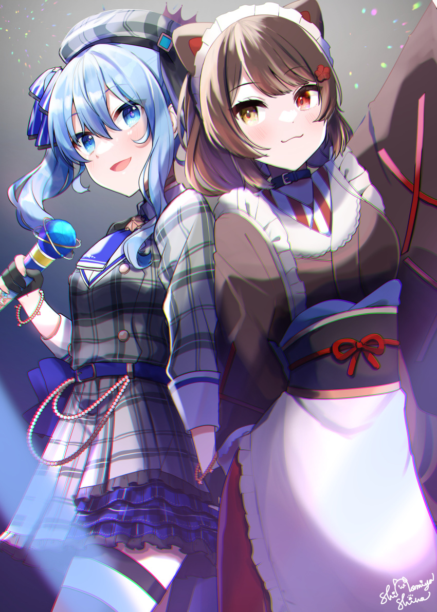 2girls absurdres animal_ears apron bangs beret black_gloves blonde_hair blue_choker blue_eyes blue_hair blush brown_hair brown_kimono choker closed_mouth commentary_request dog_ears dress eyebrows_visible_through_hair frilled_apron frills gloves grey_dress grey_headwear hat heterochromia highres holding holding_microphone hololive hoshimachi_suisei inui_toko japanese_clothes kimono long_hair looking_at_another maid_headdress microphone multiple_girls nijisanji obi open_mouth partially_fingerless_gloves plaid plaid_dress plaid_headwear red_eyes sash shinomiya_shino_(sinosino141) short_hair signature smile star_(symbol) star_in_eye symbol_in_eye thigh-highs virtual_youtuber white_apron