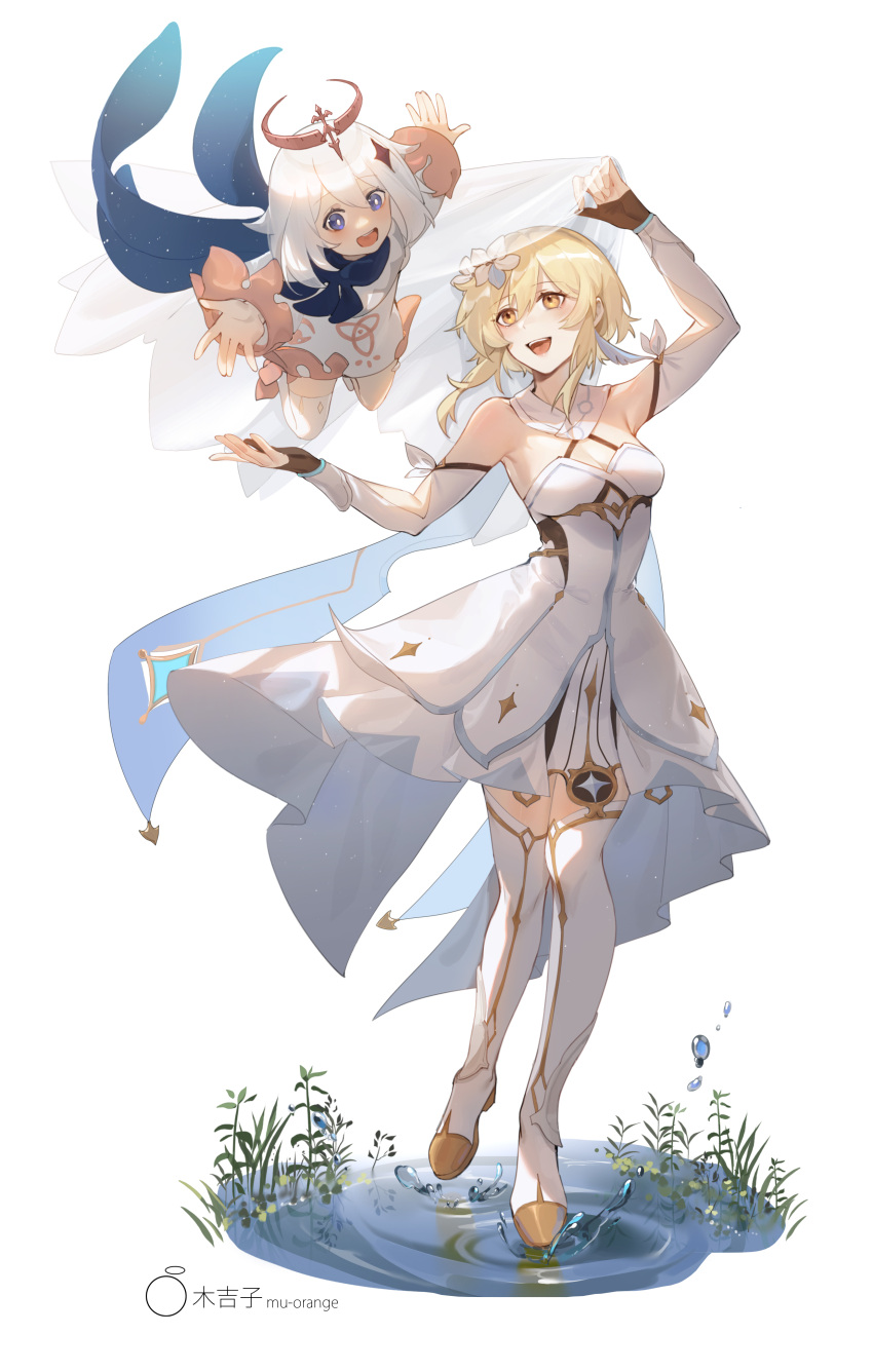 2girls :d absurdres arm_up artist_name bangs bare_shoulders black_gloves blonde_hair blue_eyes chinese_commentary commentary_request detached_sleeves dress eye_contact floating flower full_body genshin_impact gloves grass hair_flower hair_ornament halo highres holding_veil long_sleeves looking_at_another lumine_(genshin_impact) mujizi multiple_girls open_mouth outstretched_arm outstretched_arms outstretched_hand paimon_(genshin_impact) partially_fingerless_gloves ripples shoes short_hair short_hair_with_long_locks silver_hair simple_background single_thighhigh smile spread_arms teeth thigh-highs upper_teeth veil water white_background white_dress white_legwear yellow_eyes