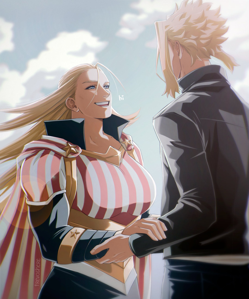 1boy 1girl :d artist_name bangs black_jacket black_pants blonde_hair blue_eyes bodysuit boku_no_hero_academia cape clouds collarbone english_commentary english_text from_side height_difference highres jacket long_hair long_sleeves looking_at_another outdoors pants red_bodysuit red_cape sidelocks smile spoilers star_and_stripe_(boku_no_hero_academia) striped_bodysuit striped_cape superhero teeth trevo_(trevoshere) upper_teeth white_bodysuit white_cape yagi_toshinori