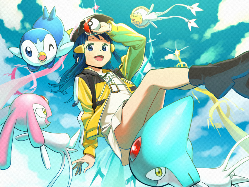 1girl ;d azelf bangs baseball_cap black_footwear boots clouds commentary_request day dress hand_up hat hikari_(pokemon) holding holding_poke_ball jacket long_hair long_sleeves looking_at_viewer matsu_bokkuri mesprit one_eye_closed open_clothes open_jacket open_mouth outdoors piplup poke_ball poke_ball_(basic) pokemon pokemon_(creature) pokemon_(game) pokemon_bdsp sky smile tongue uxie white_dress yellow_jacket