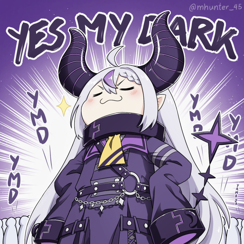 1girl ahoge bangs black_coat blush braid closed_eyes coat collar commentary demon_girl demon_horns english_commentary english_text hair_between_eyes highres hololive horns instagram_username la+_darknesss long_hair long_sleeves metal_collar mhunter_45 multicolored_hair pointy_ears purple_hair silver_hair sleeves_past_fingers sleeves_past_wrists solo streaked_hair two-tone_hair virtual_youtuber