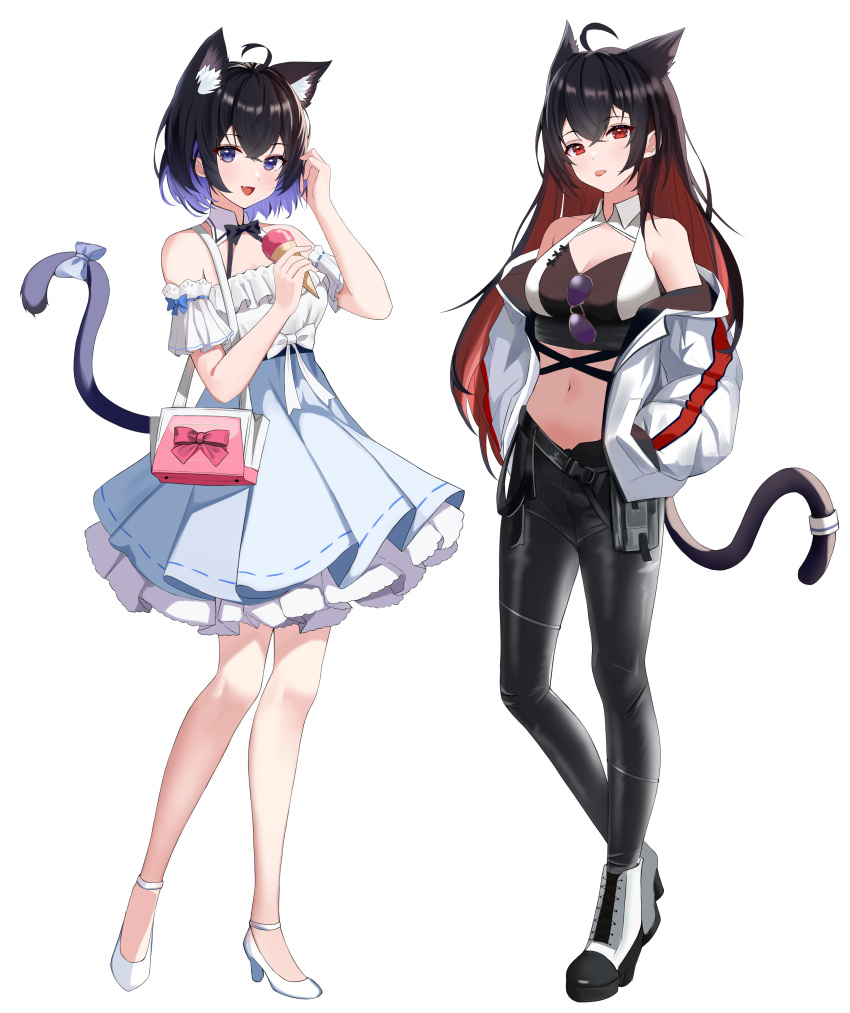 2girls :d absurdres animal_ear_fluff animal_ears bag bangs bare_legs benghuai_xueyuan black_bow black_bowtie black_footwear black_hair black_pants blue_bow blue_skirt boots bow bowtie breasts cat_ears cat_girl cat_tail colored_inner_hair commentary_request crop_top detached_collar extra_ears eyebrows_visible_through_hair eyewear_hang eyewear_removed food hair_between_eyes hands_in_pockets high-waist_skirt high_heel_boots high_heels highres holding holding_food honkai_(series) honkai_impact_3rd ice_cream ice_cream_cone jacket long_hair long_sleeves looking_at_viewer medium_breasts midriff multicolored_hair multiple_girls navel off_shoulder open_clothes open_jacket open_mouth pants pleated_skirt purple_hair red_bow red_eyes redhead ribbon-trimmed_skirt ribbon_trim seele_(alter_ego) seele_vollerei shirt short_hair short_sleeves shoulder_bag skirt smile sunglasses tail tail_bow tail_ornament takeawatch tongue tongue_out violet_eyes white_bow white_footwear white_jacket white_shirt