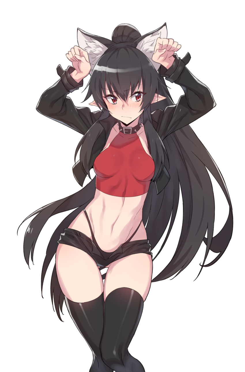 1girl animal_ear_fluff animal_ears arms_up black_choker black_hair black_jacket black_legwear black_panties black_shorts breasts choker closed_mouth commission crop_top cropped_jacket extra_ears frown highleg highleg_panties highres jacket long_hair long_sleeves looking_at_viewer micro_shorts midriff navel open_clothes open_fly open_jacket original panties paw_pose pointy_ears ponytail red_eyes red_shirt revealing_clothes second-party_source shirt shorts skindentation sleeveless sleeveless_shirt small_breasts solo stomach string_panties supernew thigh-highs thigh_gap thighs underwear v-shaped_eyebrows very_long_hair wolf_ears