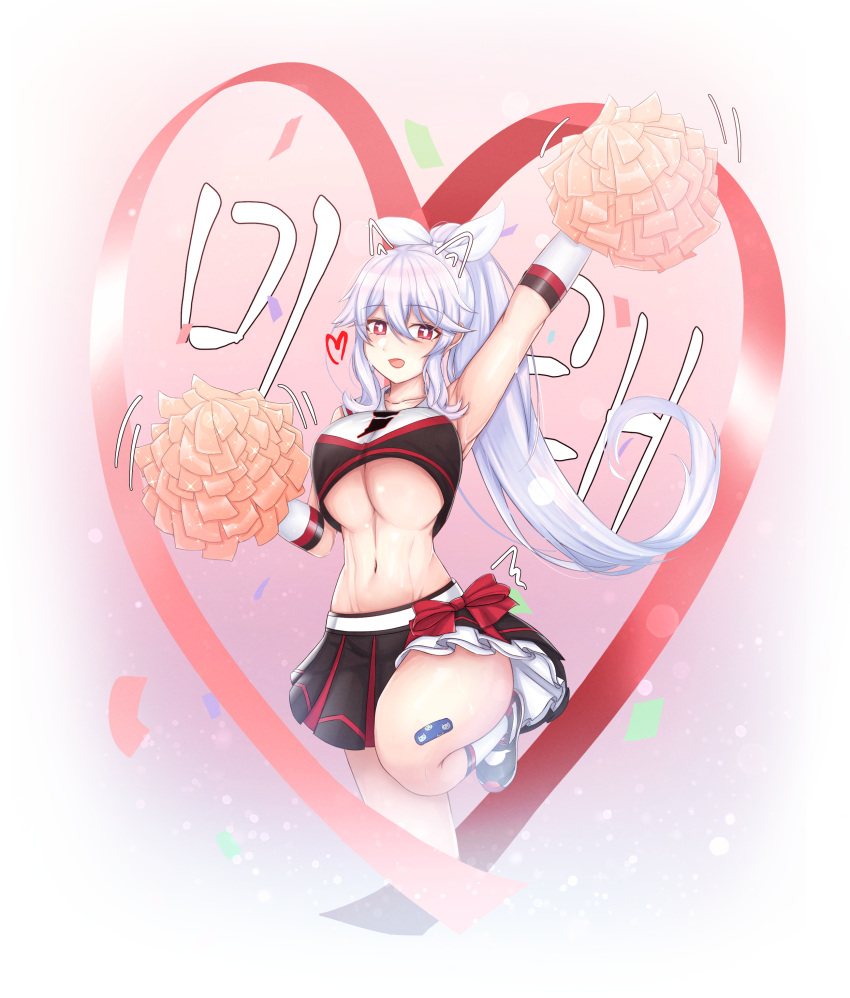 1girl :d absurdres arm_up armpits bandaid bare_shoulders black_shirt black_skirt breasts bright_pupils cheerleader closers confetti crop_top crop_top_overhang cropped_legs floating_hair frilled_skirt frills hair_ribbon heart highres holding holding_pom_poms laei large_breasts leg_up long_hair looking_at_viewer midriff miniskirt mirae_(closers) navel pleated_skirt pom_pom_(cheerleading) ponytail red_eyes revealing_clothes ribbon shirt shoes skirt sleeveless sleeveless_shirt smile sneakers socks solo stomach sweat under_boob very_long_hair white_hair white_legwear