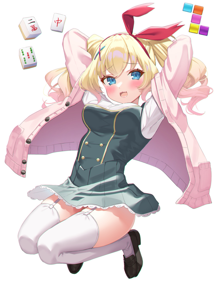 1girl :d arms_behind_head arms_up bangs blonde_hair blue_eyes blush bow_hairband brown_footwear cardigan commentary_request dress eyebrows_visible_through_hair full_body garter_straps gradient_hair green_dress hair_ornament hairband highres indie_virtual_youtuber jumping k_mugura kani_biimu_(vtuber) loafers long_hair long_sleeves looking_at_viewer mahjong mahjong_tile multicolored_hair open_cardigan open_clothes open_mouth pinafore_dress pink_cardigan pink_hair red_hairband shirt shoes simple_background smile solo thigh-highs twintails virtual_youtuber white_background white_legwear white_shirt x_hair_ornament