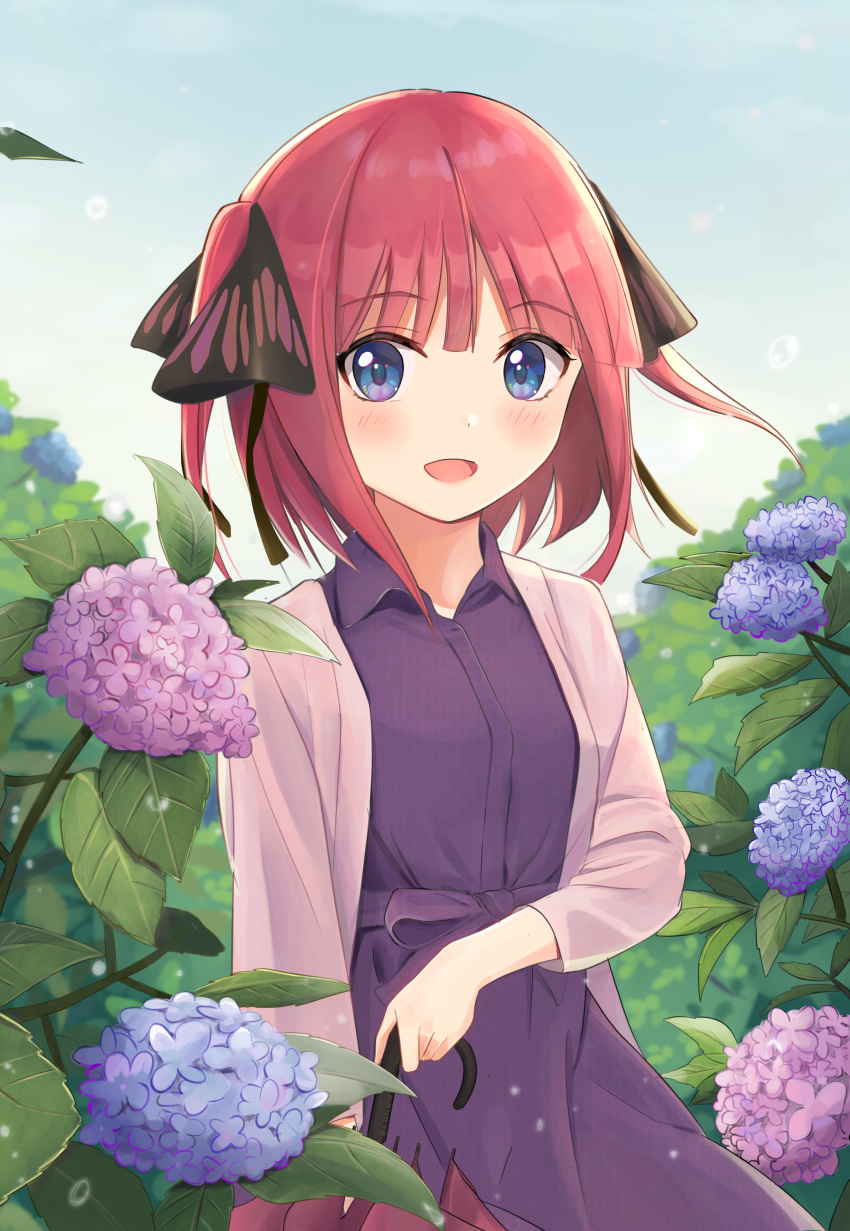 1girl :d a_b2fei96038 absurdres bangs black_ribbon blue_eyes blunt_bangs blush breasts butterfly_hair_ornament cardigan dress flower go-toubun_no_hanayome hair_ornament highres holding holding_umbrella looking_at_viewer nakano_nino outdoors pink_cardigan pink_hair purple_dress ribbon sky smile twintails umbrella water_drop