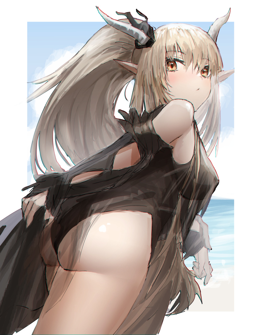 1girl absurdres arknights ass bare_shoulders black_swimsuit blonde_hair blue_sky blush border breasts casual_one-piece_swimsuit closed_mouth cowboy_shot detached_sleeves from_behind highres horns large_breasts long_hair long_sleeves looking_at_viewer looking_back ocean official_alternate_costume one-piece_swimsuit orange_eyes outdoors outside_border pointy_ears raw_egg_lent see-through shining_(arknights) shining_(silent_night)_(arknights) sidelocks sky solo swimsuit thighs very_long_hair white_border