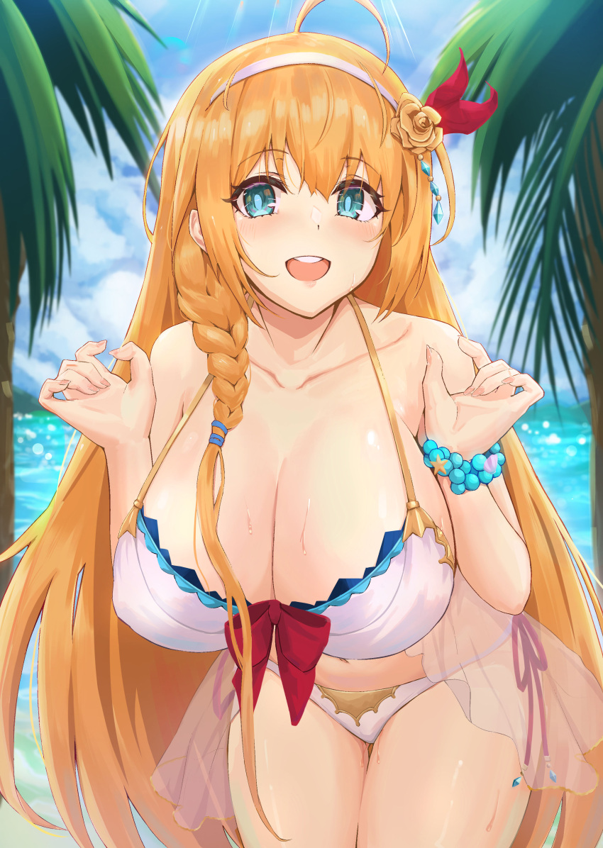 1girl absurdres ahoge bangs bare_shoulders beach blue_eyes blue_sky blush braid breasts collarbone hairband highres kuutamo large_breasts long_hair looking_at_viewer ocean open_mouth orange_hair pecorine_(princess_connect!) princess_connect! shore side_braid sky thighs