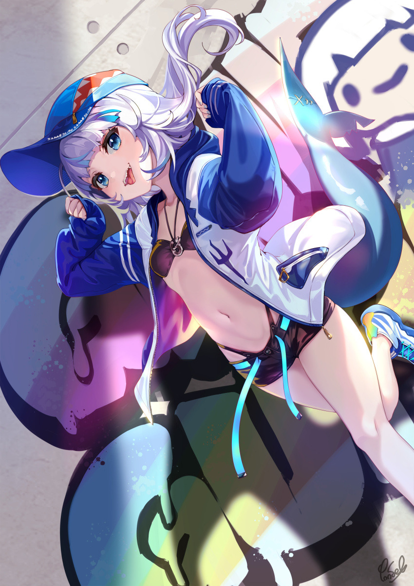 1girl absurdres alternate_costume bare_legs baseball_cap bikini bikini_top bikini_under_clothes black_bikini black_shorts blue_eyes blue_hair blue_headwear breasts collarbone commentary_request day dutch_angle eyebrows_behind_hair gawr_gura graffiti hat highres hololive hololive_english jacket long_hair long_sleeves looking_at_viewer multicolored_hair navel open_clothes open_jacket open_mouth outdoors pondel running sharp_teeth shoes short_shorts shorts silver_hair small_breasts sneakers solo stomach streaked_hair swimsuit teeth tongue tongue_out two-tone_hair unzipped upper_body wall white_footwear white_jacket zipper_pull_tab