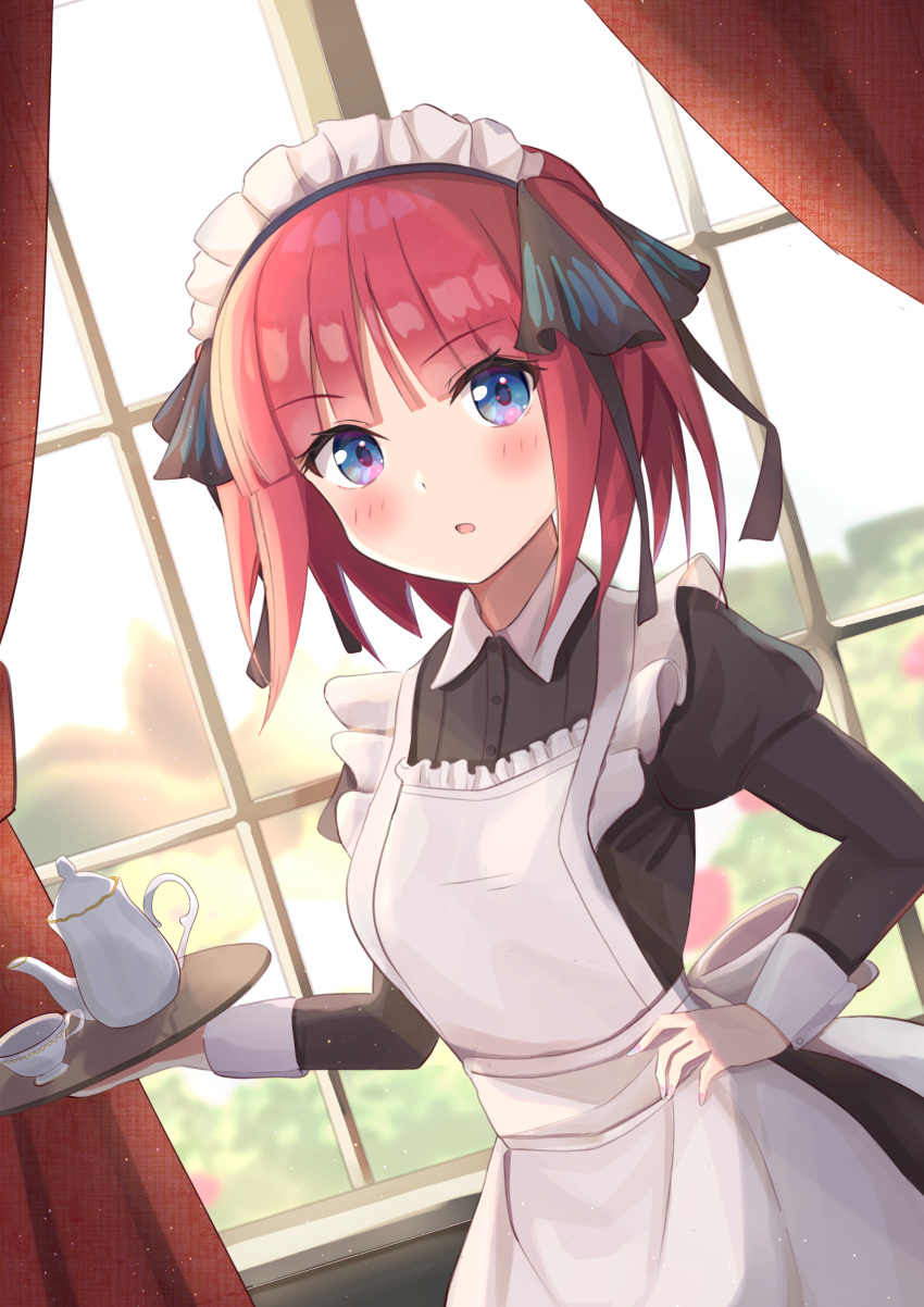 1girl a_b2fei96038 absurdres alternate_costume apron bangs black_dress black_ribbon blue_eyes blunt_bangs blush breasts butterfly_hair_ornament cup curtains dress enmaided frilled_apron frills go-toubun_no_hanayome hair_ornament hand_on_hip highres holding holding_tray indoors juliet_sleeves large_breasts long_sleeves looking_at_viewer maid maid_apron maid_headdress multicolored_nails nail_polish nakano_nino open_mouth pink_hair puffy_sleeves ribbon teacup teapot tray twintails window