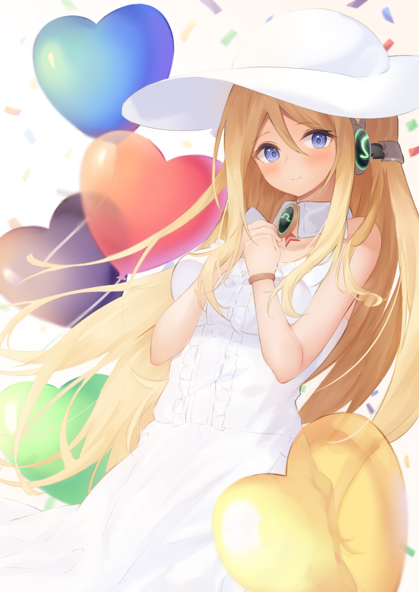 1girl absurdres ange_vierge balloon bangs bare_shoulders blonde_hair blue_eyes blush center_frills character_request closed_mouth collared_dress commentary_request confetti dress eyebrows_visible_through_hair frills hair_between_eyes hands_up hat heart_balloon highres long_hair looking_at_viewer own_hands_together roido_(taniko-t-1218) sleeveless sleeveless_dress smile solo sun_hat very_long_hair white_dress white_headwear