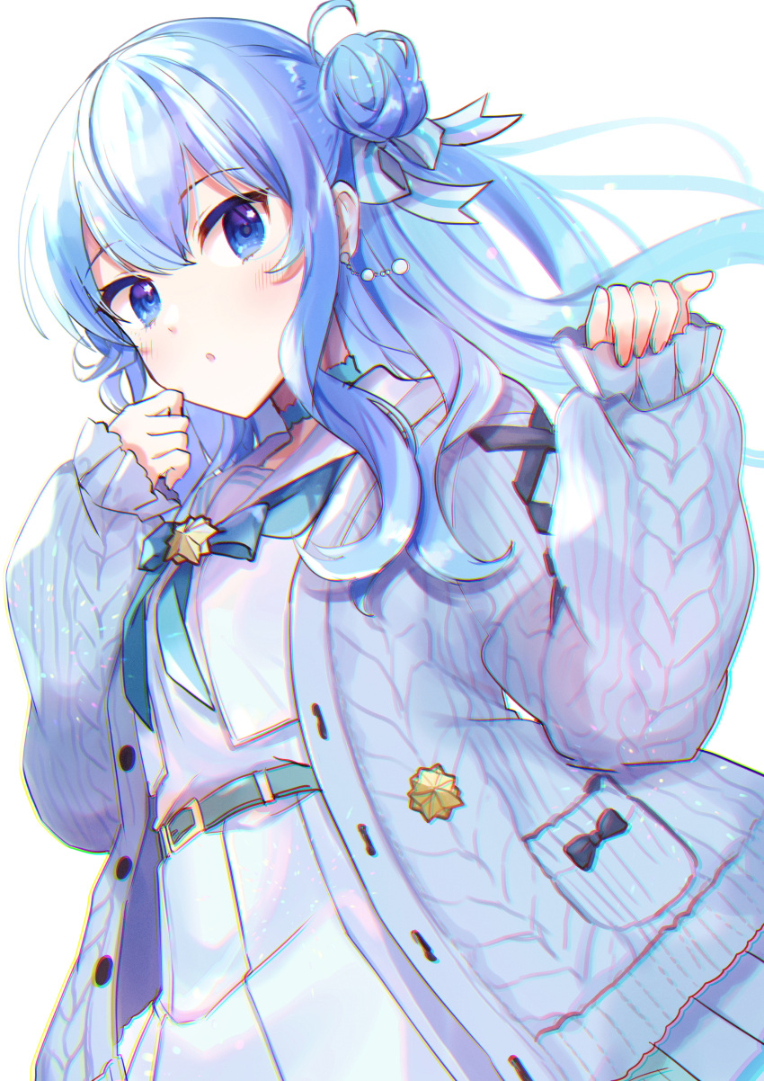 1girl absurdres bangs belt blue_cardigan blue_eyes blue_hair blue_neckerchief cardigan choker chromatic_aberration commentary_request dot_nose earrings eyebrows_visible_through_hair grey_cardigan happy highres hololive hoshimachi_suisei jacket jewelry long_hair long_sleeves looking_at_viewer neckerchief official_alternate_costume open_cardigan open_clothes parted_lips pocket ribbon sailor_collar shinomiya_shino_(sinosino141) shirt solo star_(symbol) star_in_eye symbol_in_eye virtual_youtuber white_ribbon white_sailor_collar white_shirt white_skirt