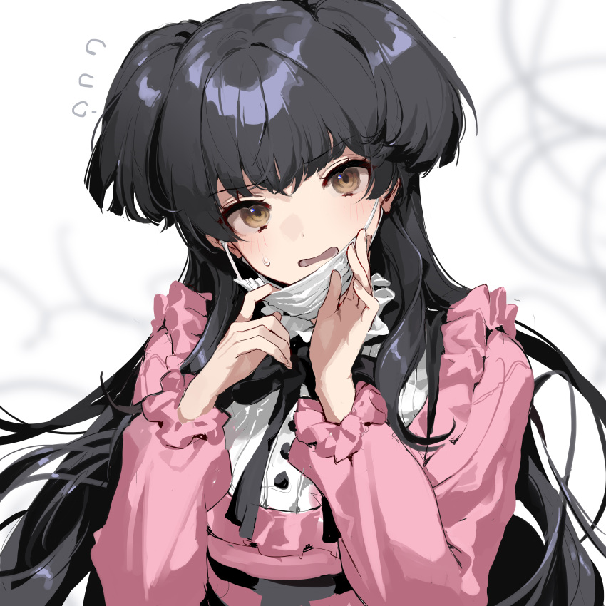 1girl absurdres bangs black_bow black_bowtie black_hair blush bow bowtie commentary_request eyebrows_visible_through_hair flying_sweatdrops frilled_shirt_collar frills hands_up highres idolmaster idolmaster_shiny_colors long_hair long_sleeves looking_at_viewer mask mask_pull mayuzumi_fuyuko mouth_mask open_mouth pink_shirt shirt shisantian solo surgical_mask sweatdrop two_side_up upper_body yellow_eyes