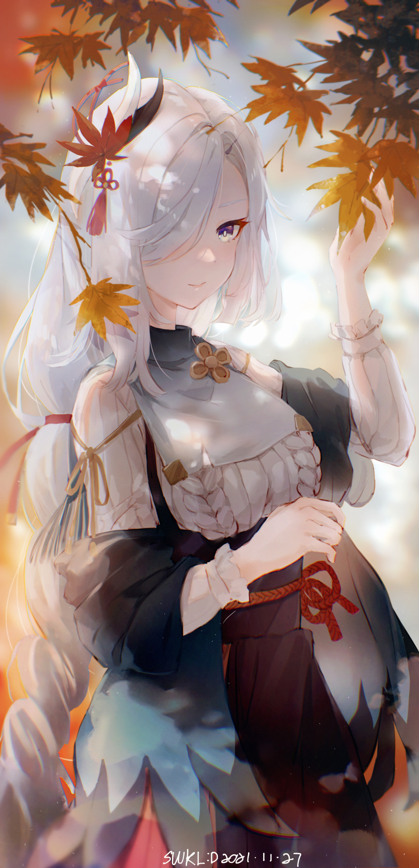 1girl absurdres breasts genshin_impact highres leaf long_hair long_sleeves looking_at_viewer maple_leaf one_eye_covered shenhe_(genshin_impact) smile swkl:d white_hair