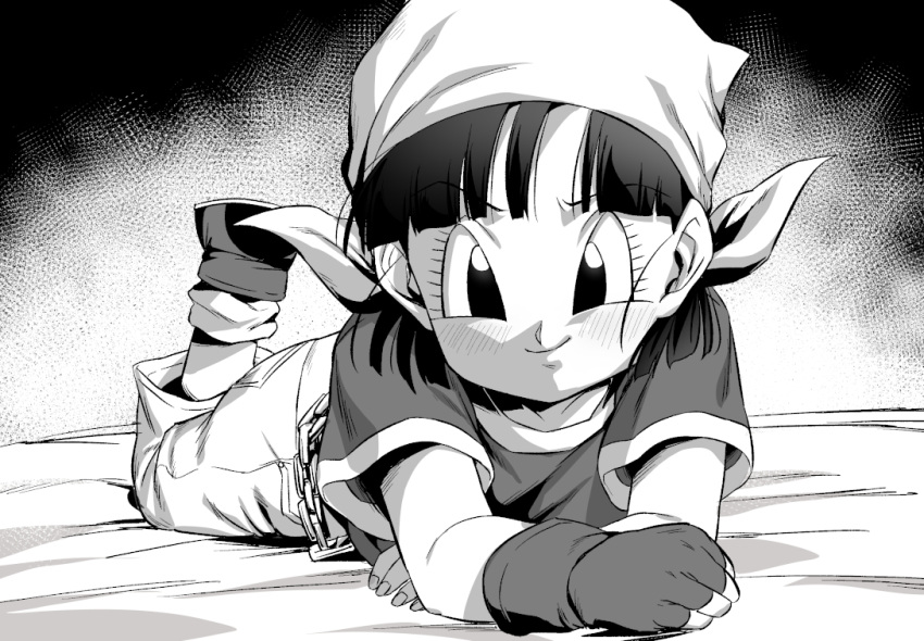 1girl bandana blush chain dragon_ball dragon_ball_gt fingerless_gloves full_body gloves legs_up looking_at_viewer lying on_bed on_stomach pan_(dragon_ball) pants rom_(20) shirt short_sleeves smile solo