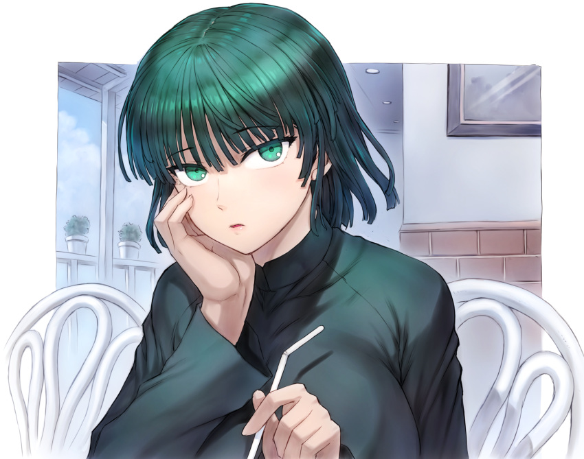 1girl bangs blunt_bangs blunt_ends border breasts brick_wall chair clouds dress drinking_straw eyebrows_visible_through_hair fubuki_(one-punch_man) green_dress green_eyes green_hair hand_on_own_face highres holding huge_breasts long_sleeves looking_at_viewer medium_hair mogudan one-punch_man open_mouth outdoors outside_border parted_lips picture_frame plant potted_plant sidelocks sitting sky solo tsurime upper_body white_border