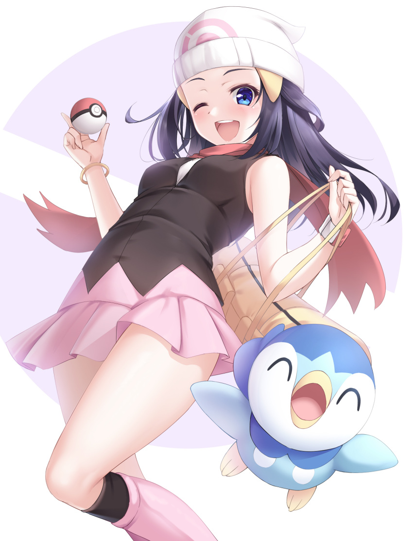 1girl ;d bag beanie black_shirt blue_hair commentary_request hat highres hikari_(pokemon) holding holding_poke_ball long_hair looking_at_viewer naoki_(endofcentury102) one_eye_closed pink_skirt piplup poke_ball pokemon pokemon_(creature) pokemon_(game) pokemon_dppt red_scarf scarf shirt skirt sleeveless sleeveless_shirt smile solo white_headwear