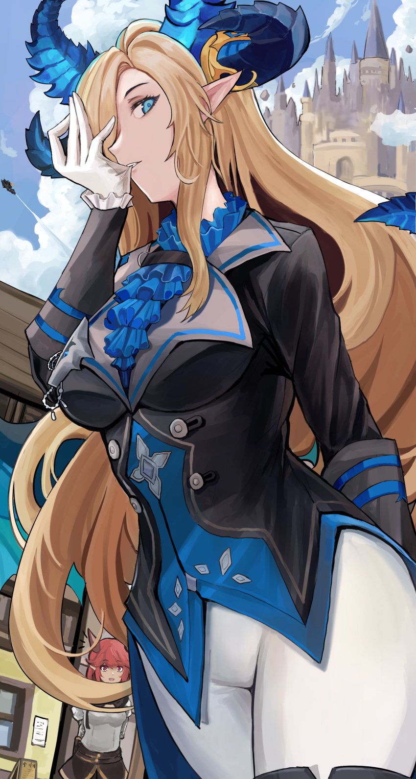 2girls absurdres android black_jacket blonde_hair blue_eyes blue_horns breasts castle clouds cloudy_sky demon_girl gloves guardian_tales highres horns jacket long_hair mecha_warrior_oghma medium_breasts multiple_girls noble_succubus_bianca redhead sky solo_focus succubus_adventurer_yuze white_gloves white_legwear will2012tw