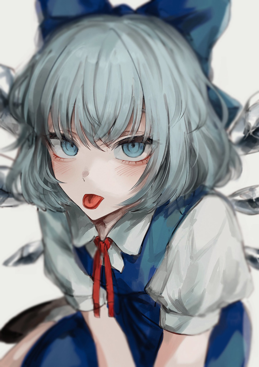 1girl bags_under_eyes blue_bow blue_dress blue_eyes blue_hair bow cirno collared_shirt dress flat_chest hair_bow highres ice ice_wings light_blush long_dress looking_at_viewer neck_ribbon pinafore_dress red_neckwear ribbon rin_(rin7kan7) shirt short_hair simple_background solo tongue tongue_out touhou white_background white_shirt wings
