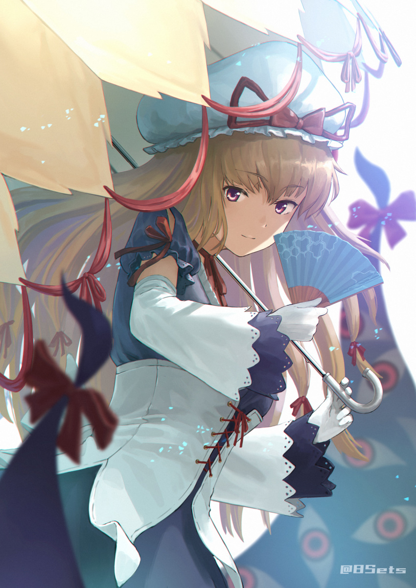1girl artist_request bangs blonde_hair blurry blurry_foreground choker corset cowboy_shot curiosities_of_lotus_asia depth_of_field detached_sleeves dress eyebrows_visible_through_hair floating_hair folding_fan from_side gap_(touhou) gloves hair_between_eyes hair_ribbon hand_fan hat hat_ribbon highres holding holding_umbrella light looking_at_viewer mob_cap parasol patterned purple_dress red_eyes red_ribbon ribbon ribbon_choker ribbon_trim shiny shiny_hair short_sleeves sleeve_ribbon smile solo touhou umbrella white_corset white_gloves white_sleeves wide_sleeves yakumo_yukari