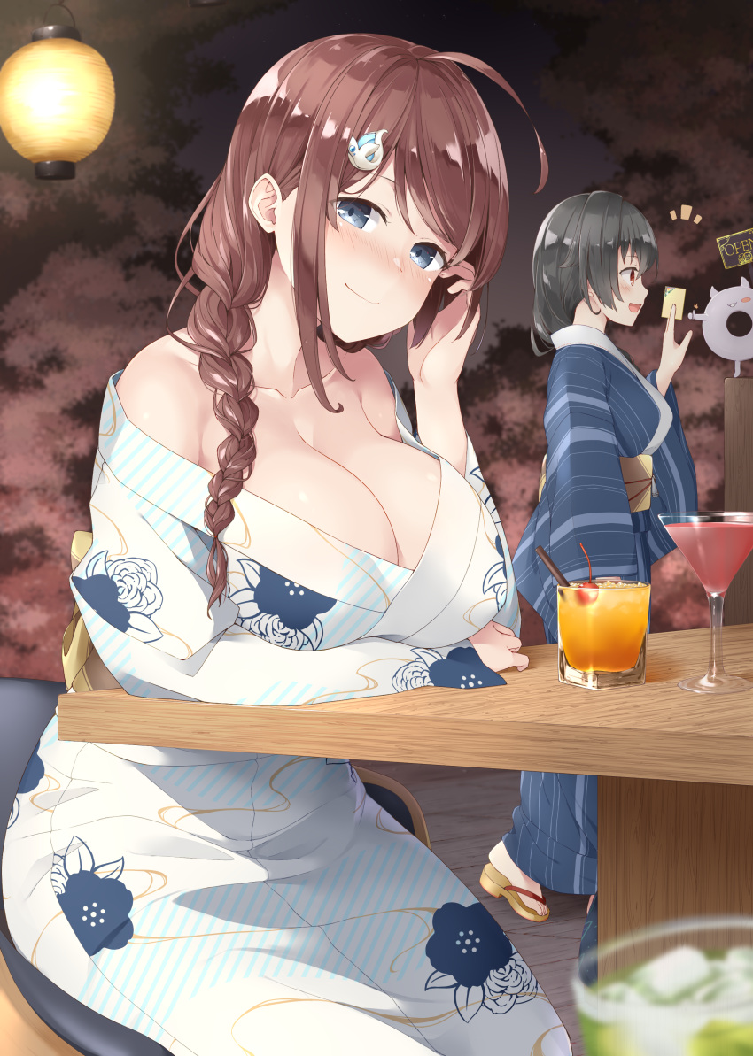 1other 2girls absurdres abyssal_ship ahoge alcohol black_hair blue_eyes blue_kimono blush braid breasts brown_hair chougei_(kancolle) closed_mouth collarbone cup drink drinking_glass enemy_lifebuoy_(kancolle) hair_flaps hair_ornament highres japanese_clothes jingei_(kancolle) kantai_collection kimono large_breasts long_hair long_sleeves multiple_girls obi red_eyes sash single_braid smile white_kimono wide_sleeves yui_(seiga) yukata