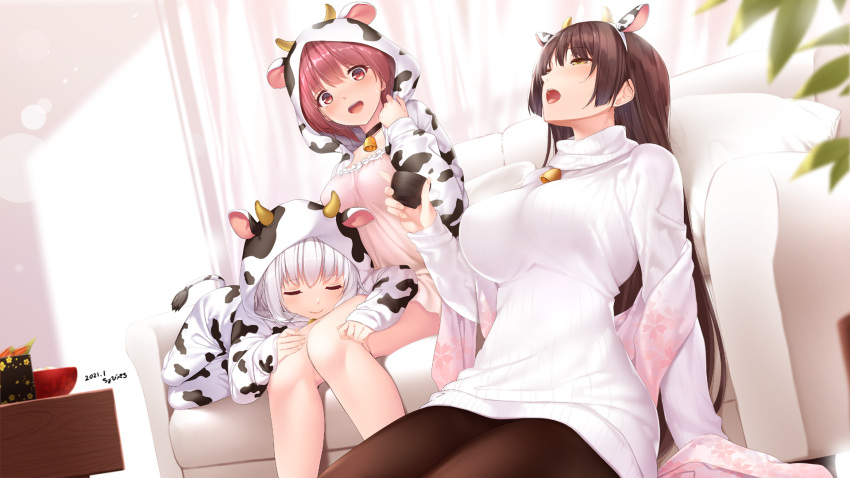 3girls adjusting_hood animal_costume animal_ears animal_print arm_at_side arm_support bangs bell blurry bokeh bowl breasts brown_hair brown_legwear camisole character_request chobipero choker closed_eyes closed_mouth commentary_request couch cow_costume cow_ears cow_hood cow_horns cow_print cow_tail cowbell cup curtains dated day depth_of_field dress dutch_angle extra_ears facing_viewer fake_animal_ears fake_horns feet_out_of_frame floral_print frills from_side gradient hairband hand_up hands_on_another's_thighs heavy_breathing highres holding holding_cup hood hood_up horns hot indoors lap_pillow large_breasts long_hair long_sleeves looking_at_viewer looking_away looking_up lying multiple_girls neck_bell on_floor on_side open_mouth pantyhose pillow pink_dress plant potted_plant red_eyes redhead ribbed_sweater shawl sidelocks sitting sleeves_past_wrists smile straight_hair sweat sweater sweater_dress table tail tenka_hyakken tongue turtleneck turtleneck_sweater very_long_hair white_hair white_sweater yunomi