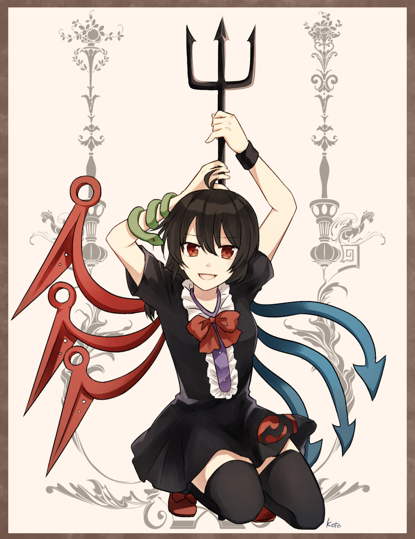 1girl :d ahoge animal_on_hand arms_up artist_name asymmetrical_wings bangs black_dress black_hair black_hairband black_legwear blue_wings blush border bow bowtie breasts buttons center_frills commentary_request dress eyebrows_visible_through_hair eyelashes footwear_bow frills hair_between_eyes hairband highres holding holding_polearm holding_weapon houjuu_nue koto_(shiberia39) looking_at_viewer medium_breasts open_mouth polearm red_bow red_bowtie red_eyes red_footwear red_neckwear red_wings short_dress short_hair short_sleeves sitting smile snake snake_armband solo squatting thigh-highs touhou trident weapon wings