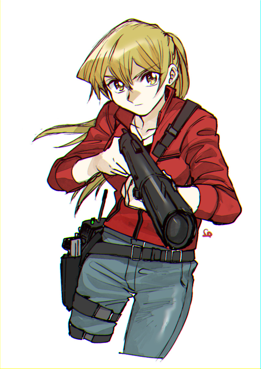 1girl 203wolves blonde_hair breasts brown_eyes claire_redfield closed_mouth cosplay denim gun highres long_hair looking_at_viewer ponytail resident_evil resident_evil_2 simple_background solo tenjouin_asuka weapon white_background yu-gi-oh! yu-gi-oh!_gx