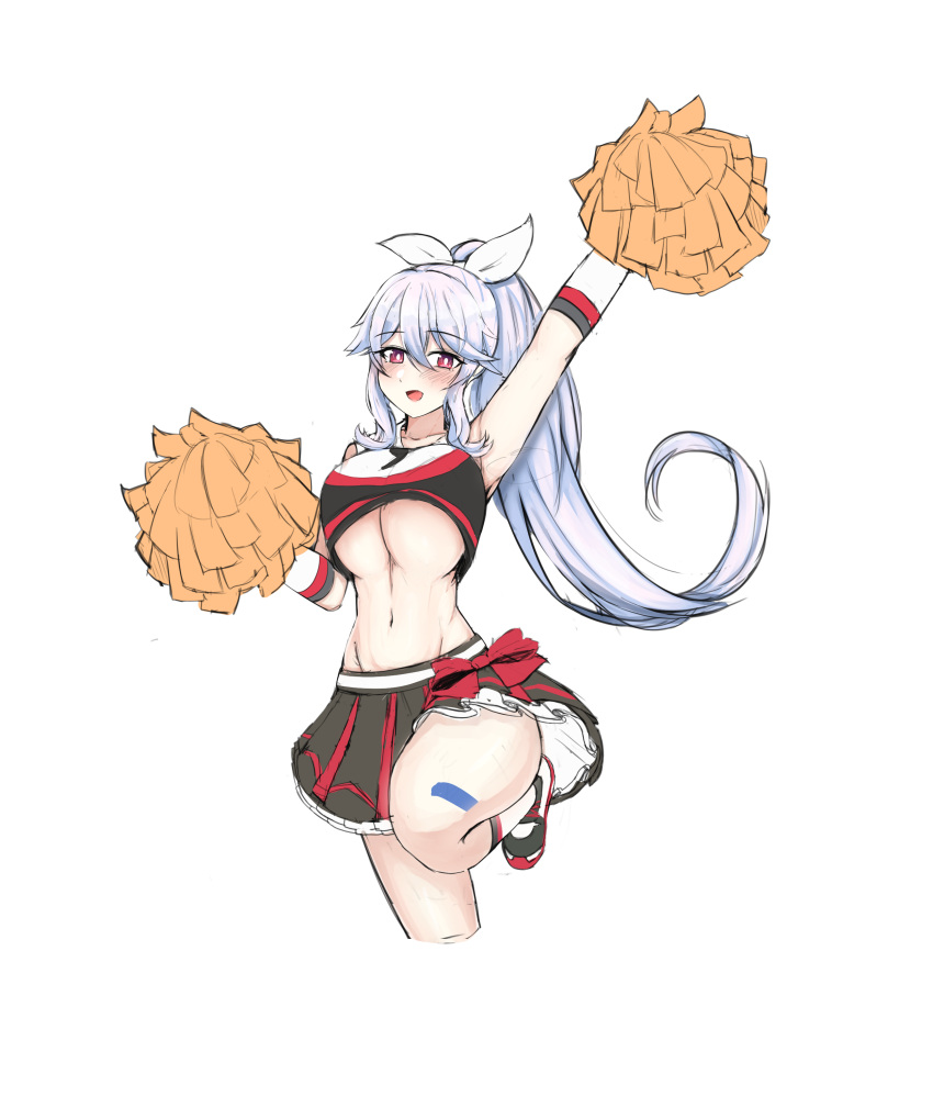 1girl :d absurdres arm_up armpits bare_shoulders black_shirt black_skirt breasts bright_pupils cheerleader closers crop_top cropped_legs floating_hair frilled_skirt frills hair_ribbon highres holding holding_pom_poms laei large_breasts leg_up long_hair looking_at_viewer midriff miniskirt mirae_(closers) navel pleated_skirt pom_pom_(cheerleading) ponytail red_eyes revealing_clothes ribbon shirt shoes simple_background sketch skirt sleeveless sleeveless_shirt smile sneakers socks solo stomach under_boob very_long_hair white_background white_hair