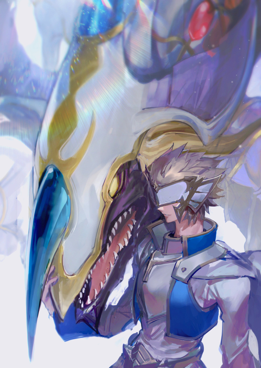 1boy absurdres armor blonde_hair breastplate cocaduel cropped_vest crystal_keeper dragon duel_academy_uniform_(yu-gi-oh!_gx) duel_monster half_mask highres horns jacket long_sleeves male_focus mask open_clothes open_jacket open_mouth petting popped_collar rainbow_dragon shirt short_hair single_horn spiky_hair teeth upper_body vest white_shirt yellow_eyes yu-gi-oh!